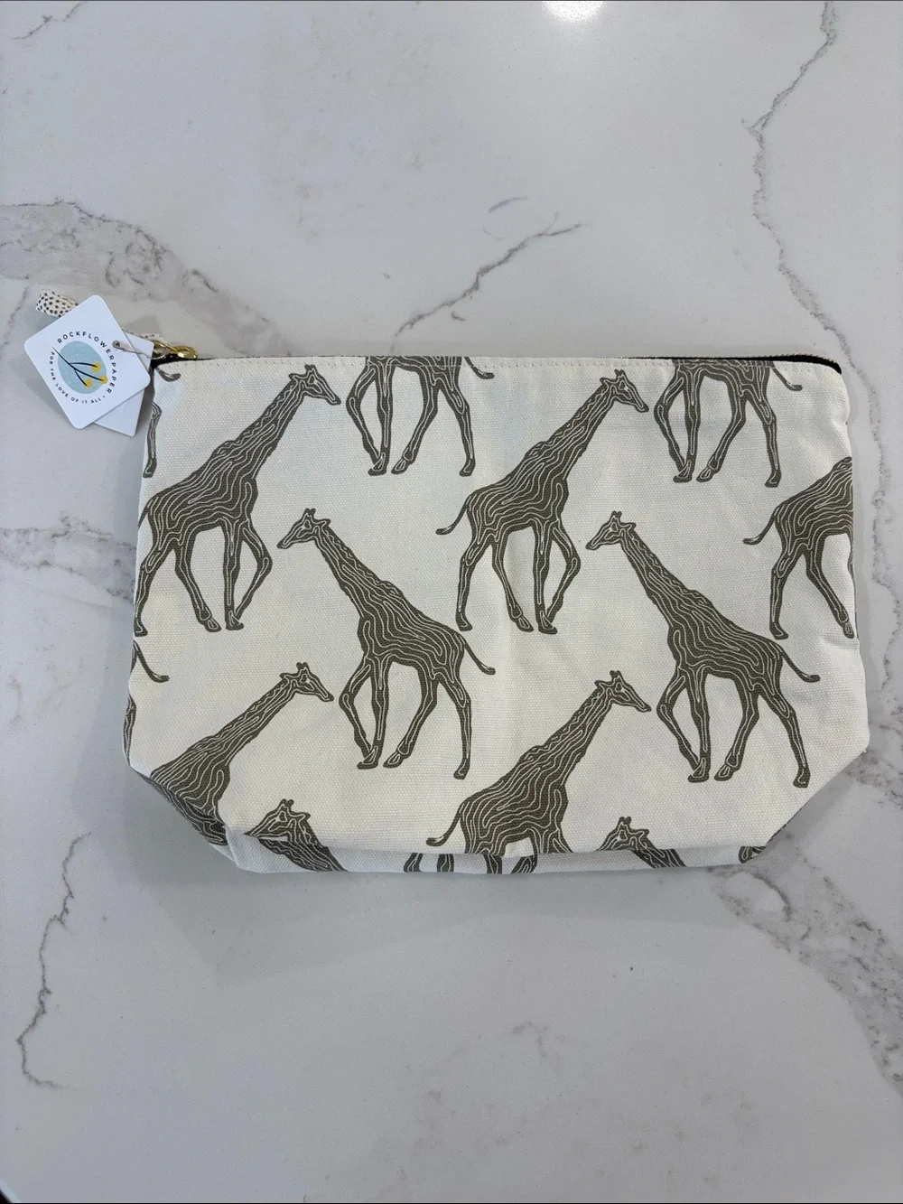 Rock Flower Paper Ivory White Grey Giraffe Print Canvas Large Pouch Cosmetic Bag